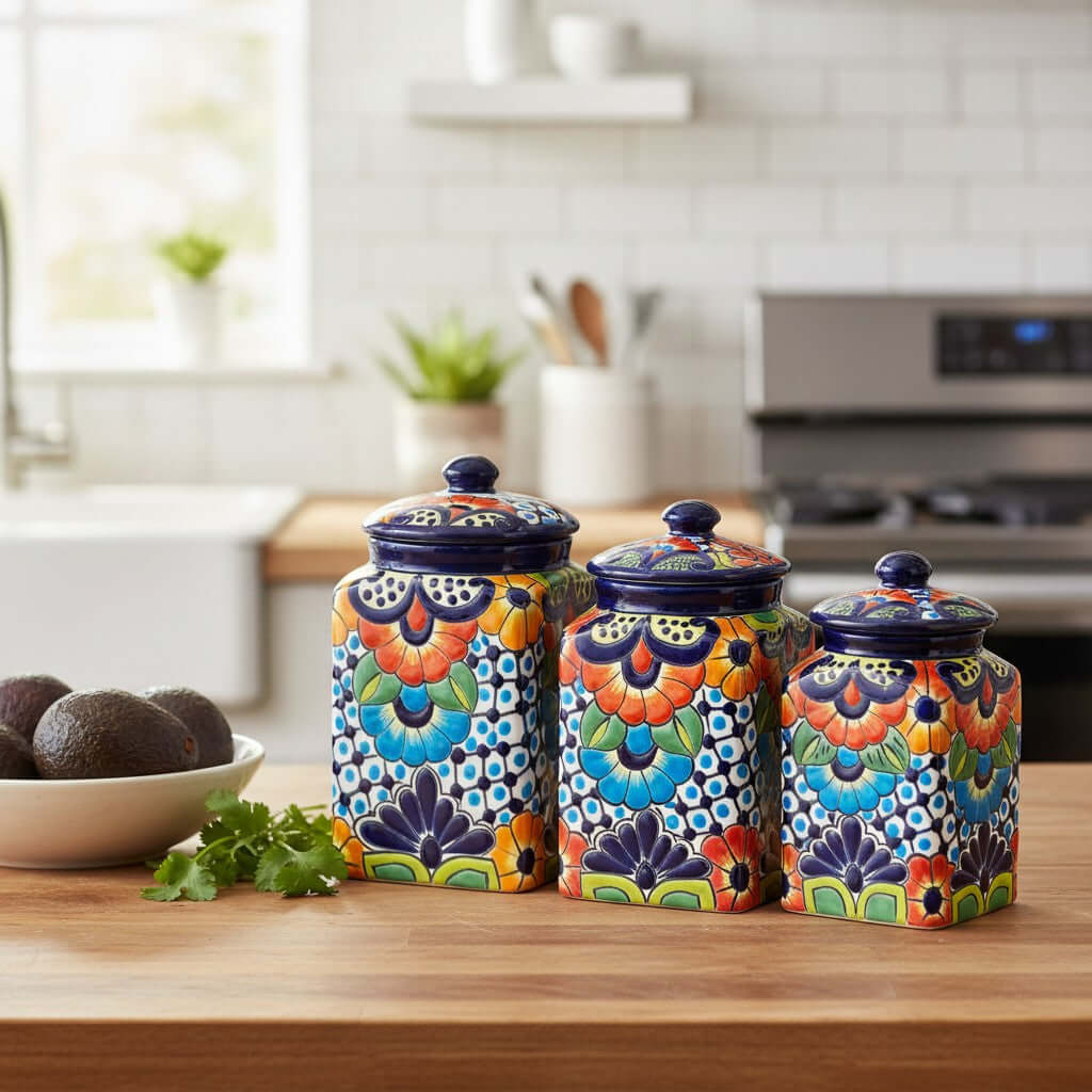 Blue Rim Talavera Canister Set | Multicolor Mexican Pottery Jars