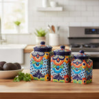 Blue Rim Talavera Canister Set | Multicolor Mexican Pottery Jars