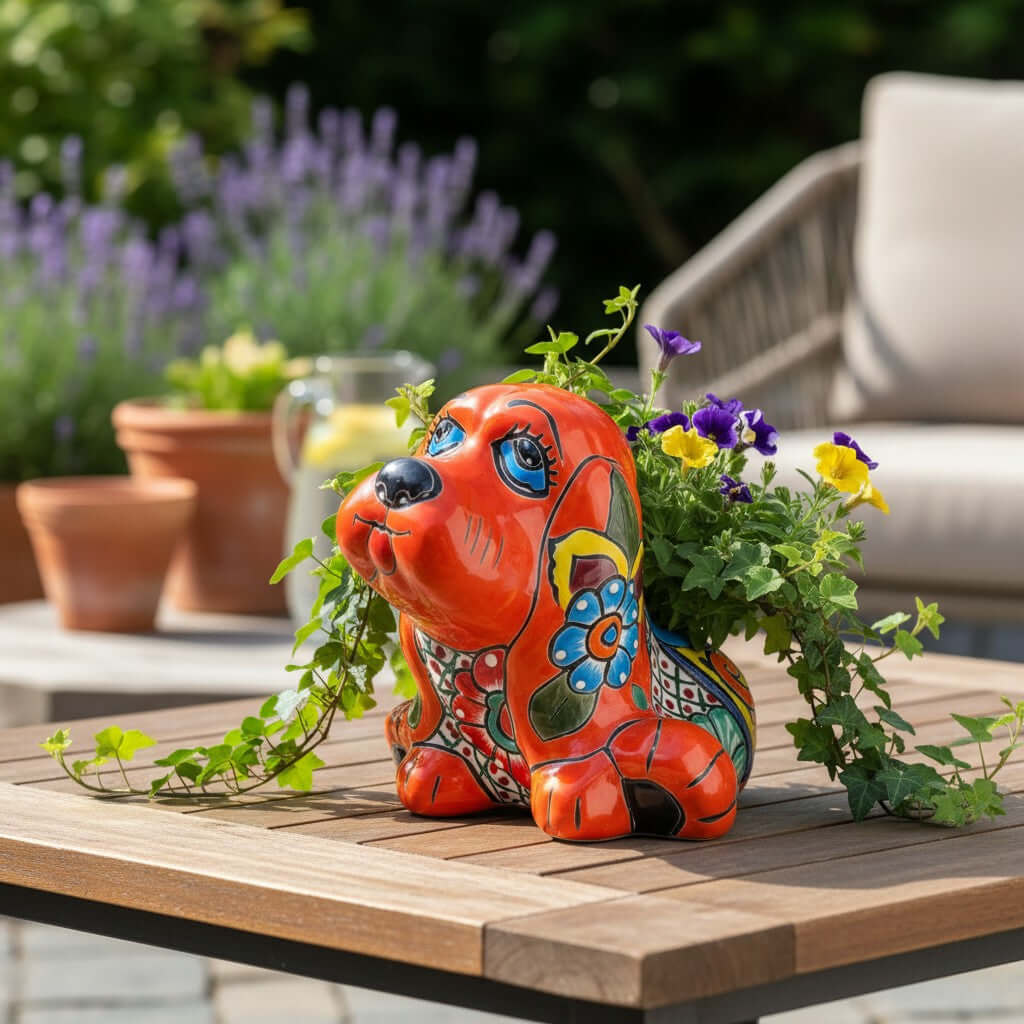 Vibrant Handmade Talavera Dog Statue | Colorful Mexican Canine Art (Medium)