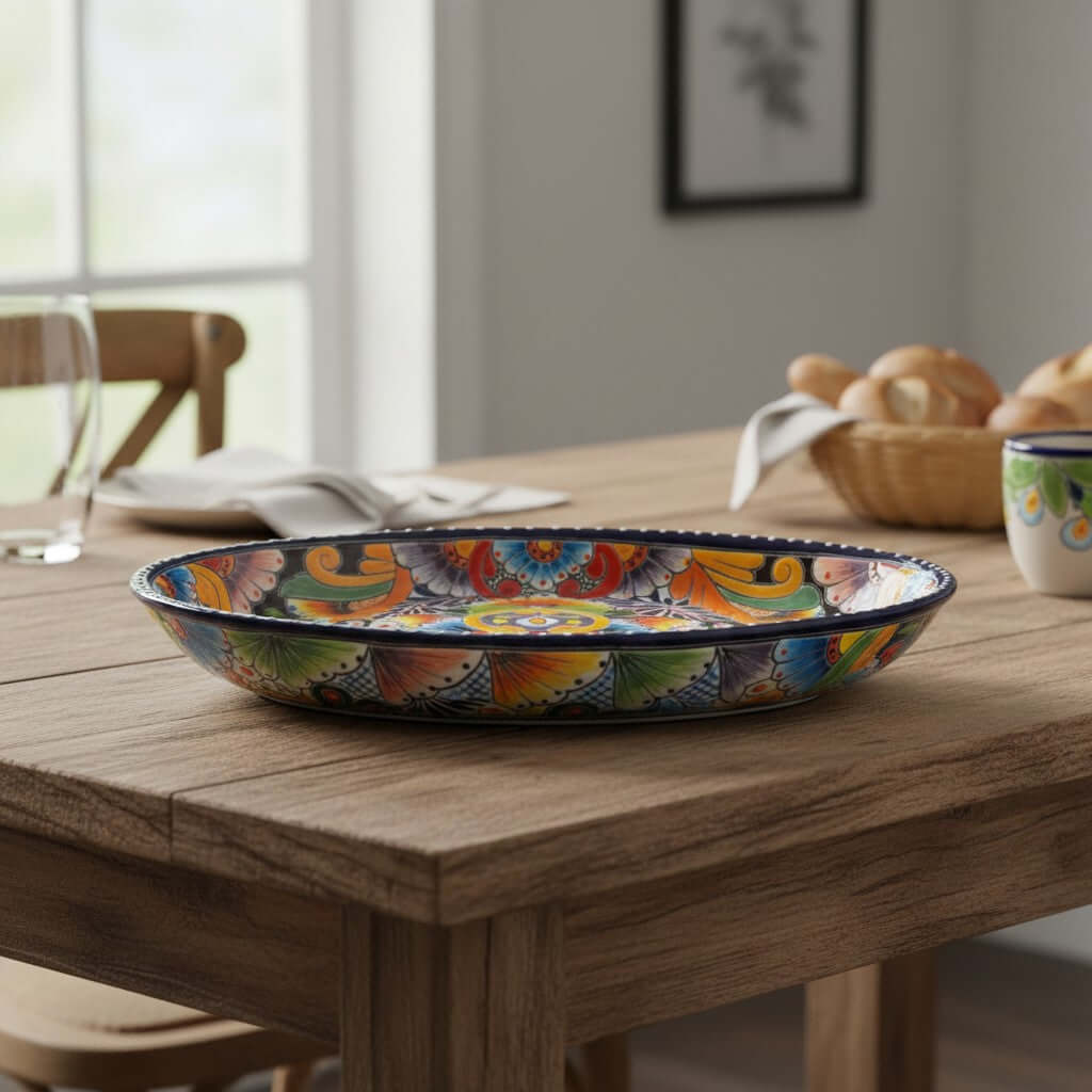 Talavera Oval Serving Platter | Cobalt-Blue Rim Kitchenware