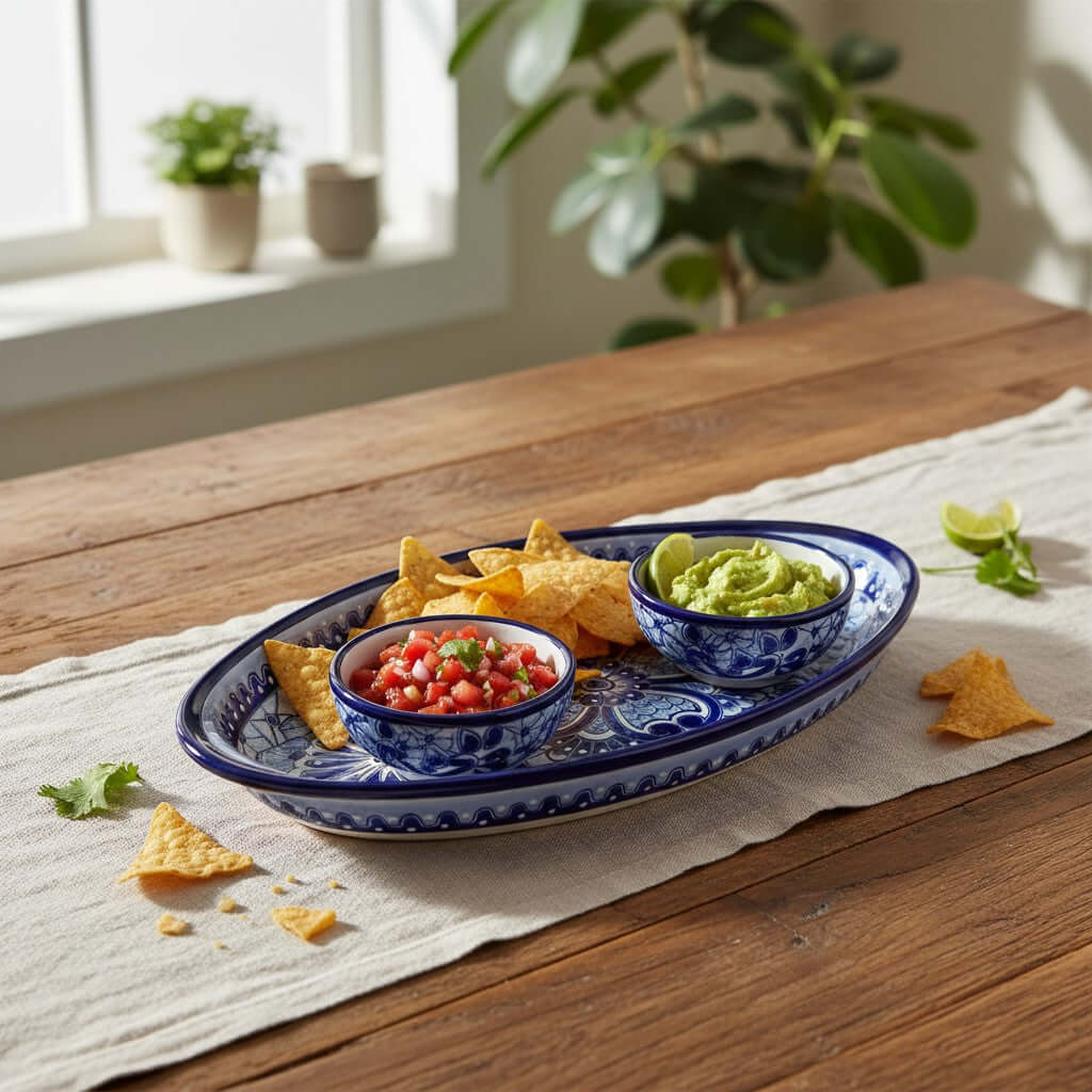Talavera Oval Serving Platter | Blue & White Mexican Kitchenware