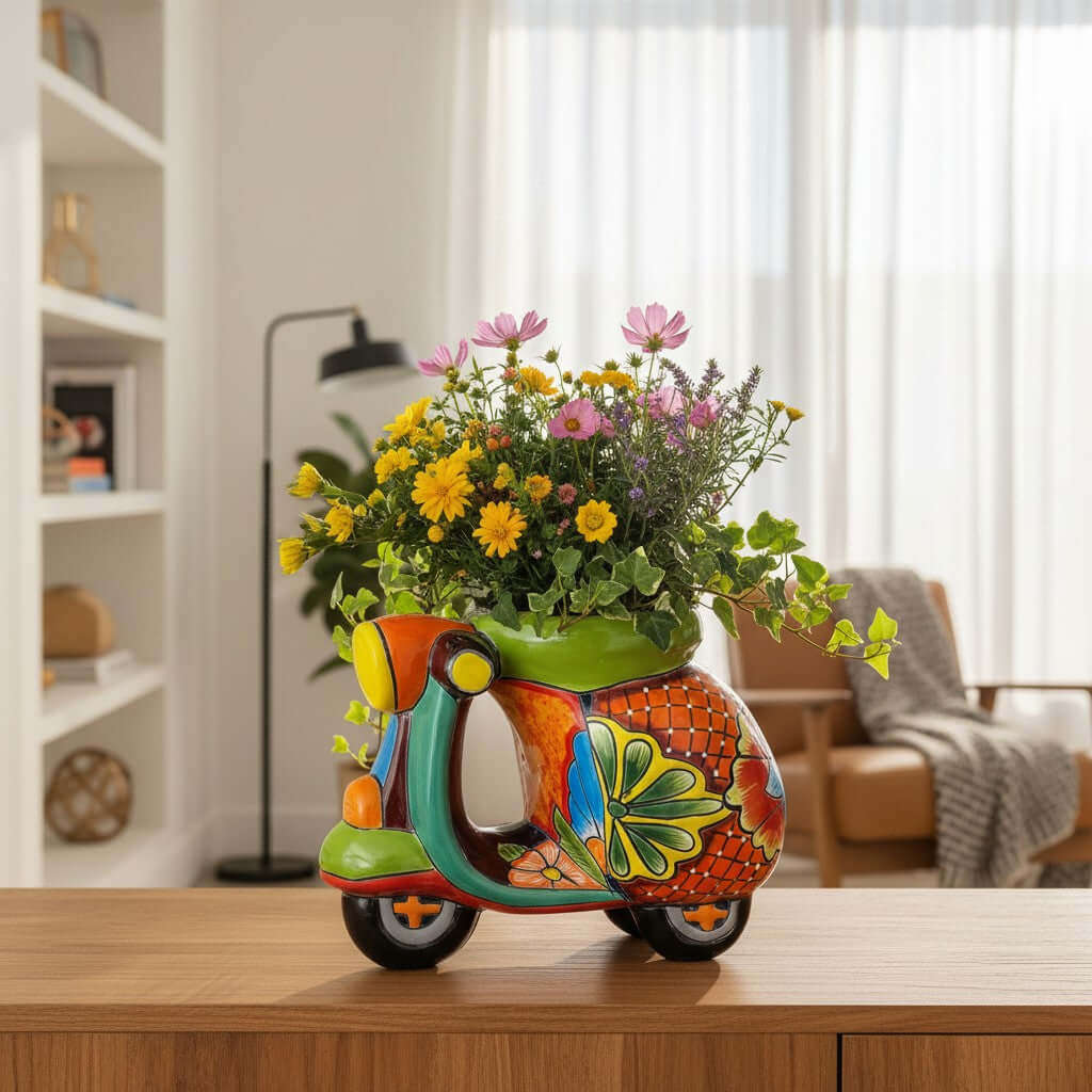 Colorful Talavera Scooter Planter | Hand-Painted Ceramic Scooter Statue (Large)