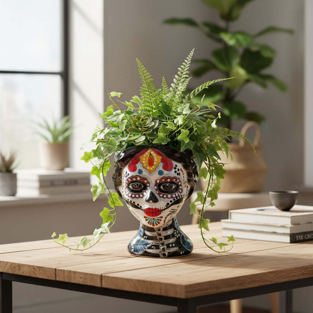 Talavera Skull Face Planter | Hand-Painted Day of the Dead Pottery