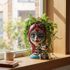 Talavera Lady Skull Planter | Colorful Day of the Dead Pot with Dog