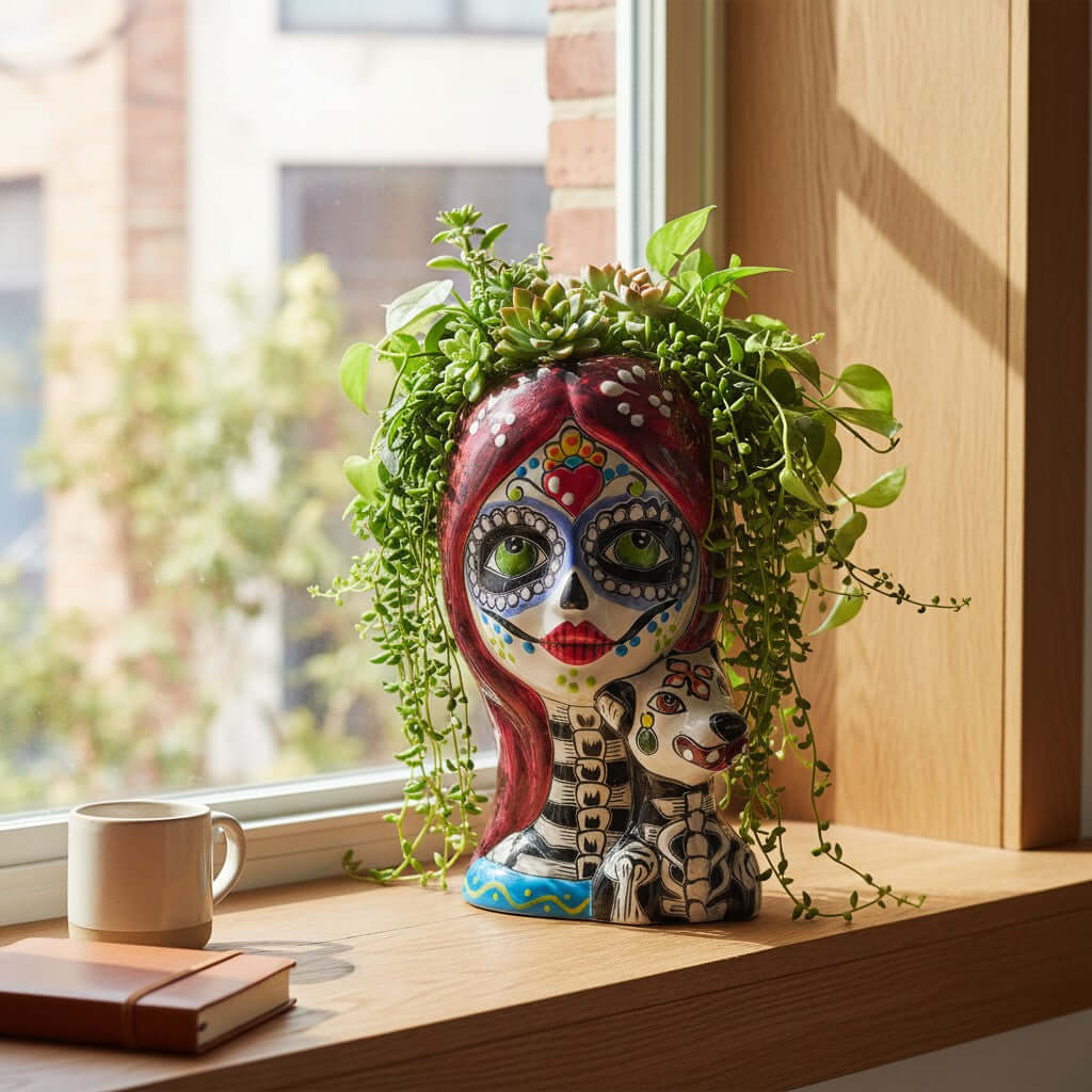 Talavera Lady Skull Planter | Colorful Day of the Dead Pot with Dog
