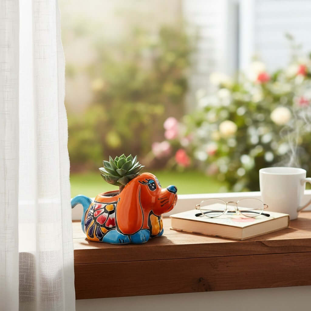 Vibrant Hand-Painted Talavera Dog Planter | Small Mexican Animal Pottery