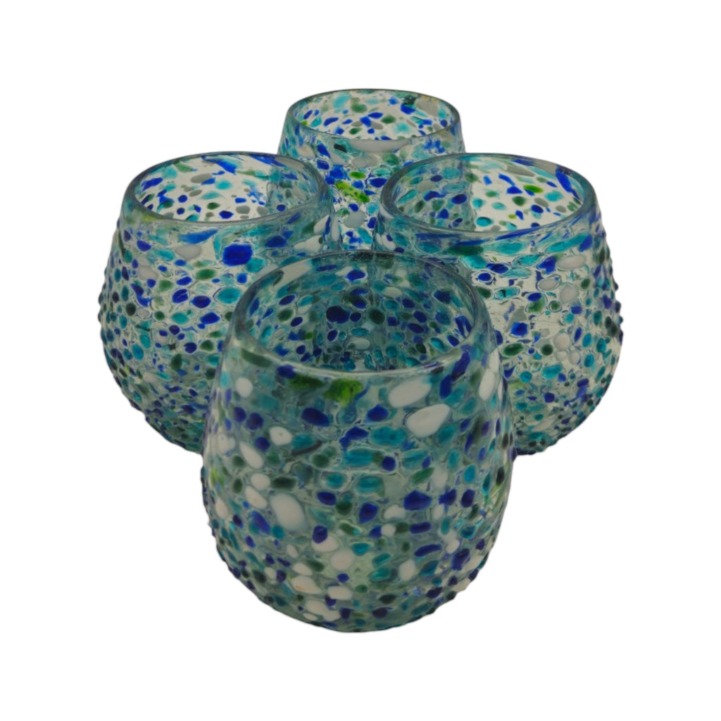 Hand-Blown Stemless Wine Glass | Blue Green Confetti Design