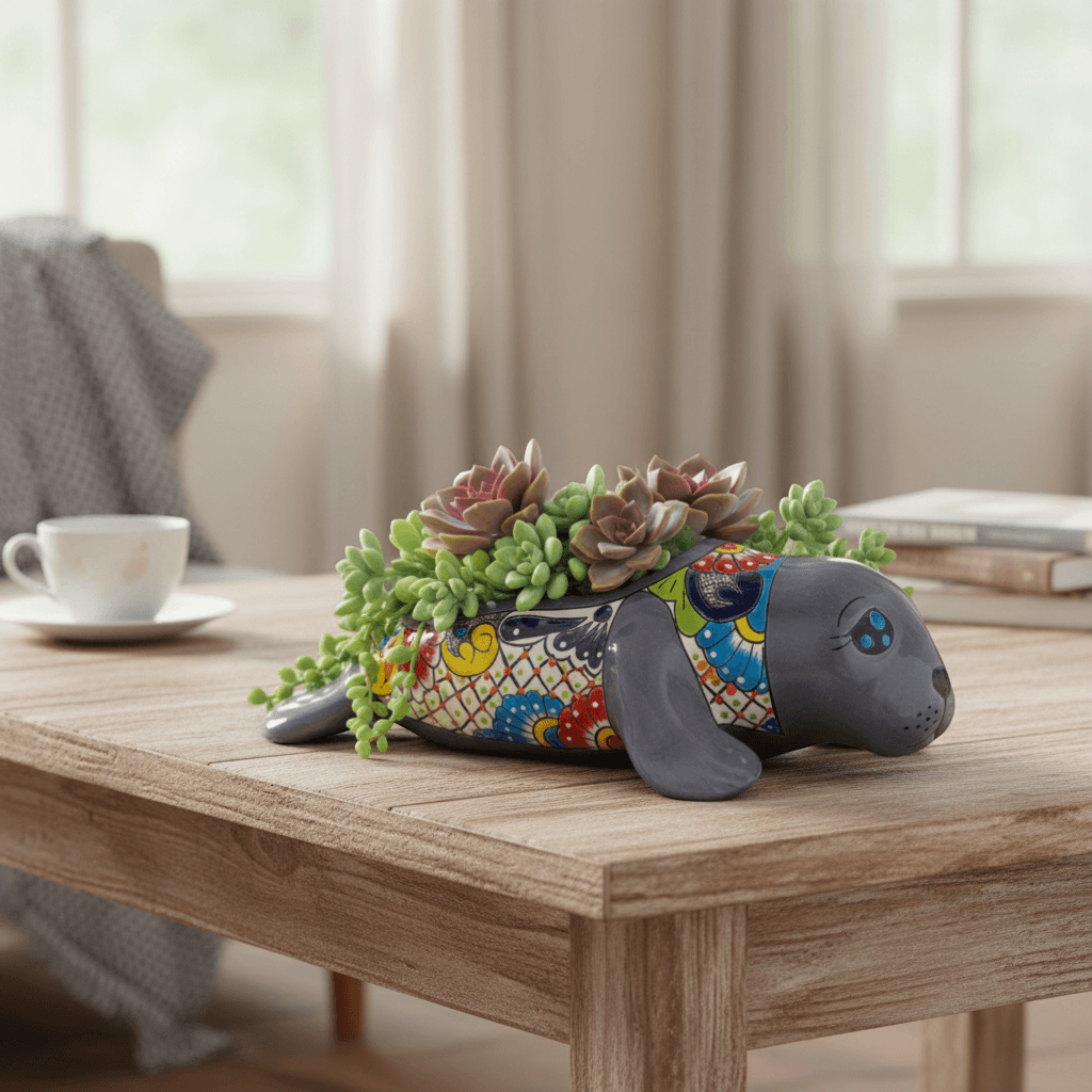 Mexican Handmade Seal Planter | Colorful Talavera Seal (Medium Size)