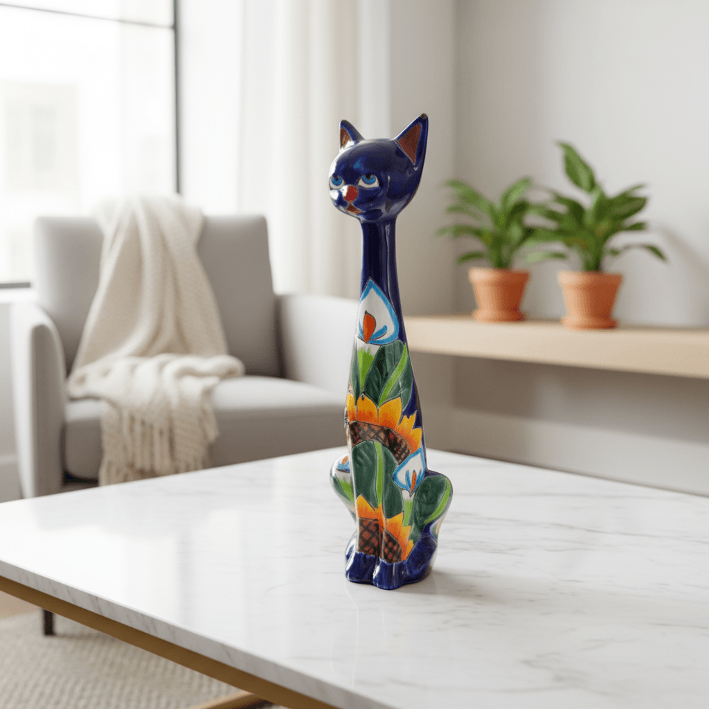 Tall Talavera Cat Statue | Handmade Mexican Sunflower Decor