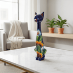 Tall Talavera Cat Statue | Handmade Mexican Sunflower Decor