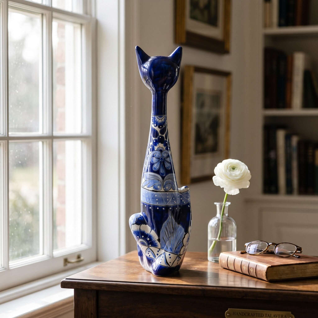 Tall Talavera Cat Statue | Handmade Blue & White Ceramic Figurine