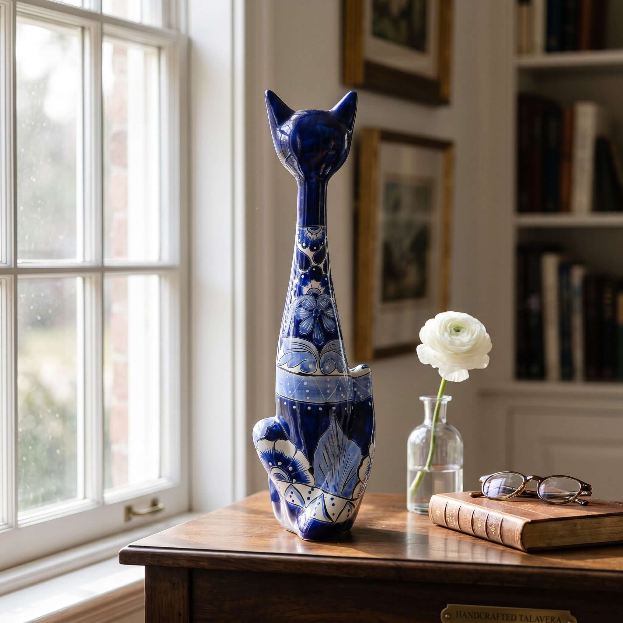 Tall Talavera Cat Statue | Handmade Blue & White Ceramic Figurine
