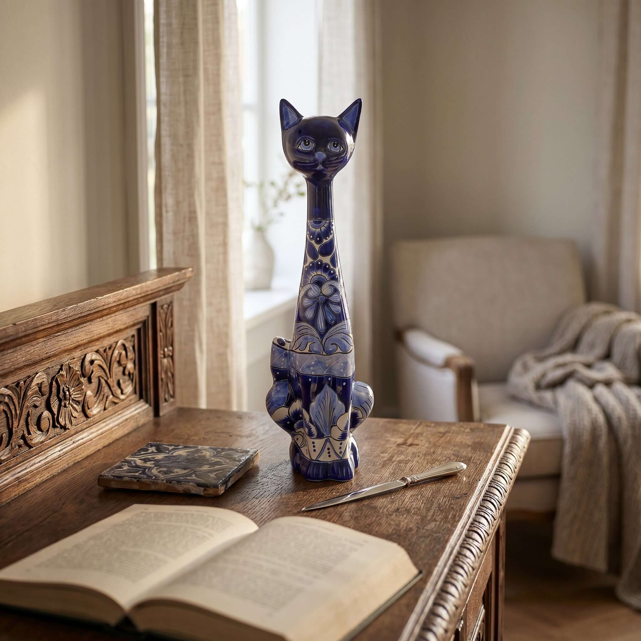 Tall Talavera Cat Statue | Handmade Blue & White Ceramic Figurine