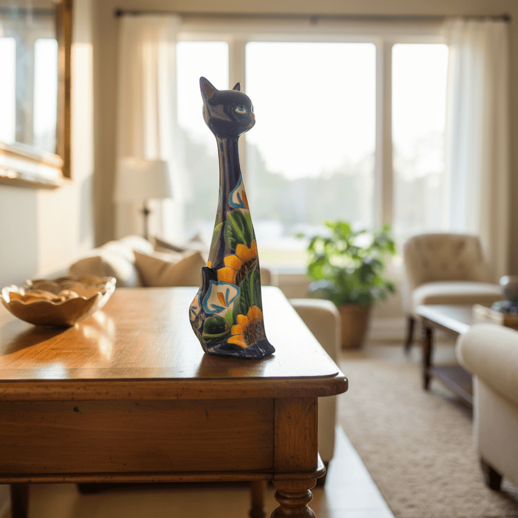 Tall Talavera Cat Statue | Handmade Mexican Sunflower Decor
