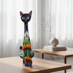 Tall Talavera Cat Statue | Handmade Mexican Sunflower Decor