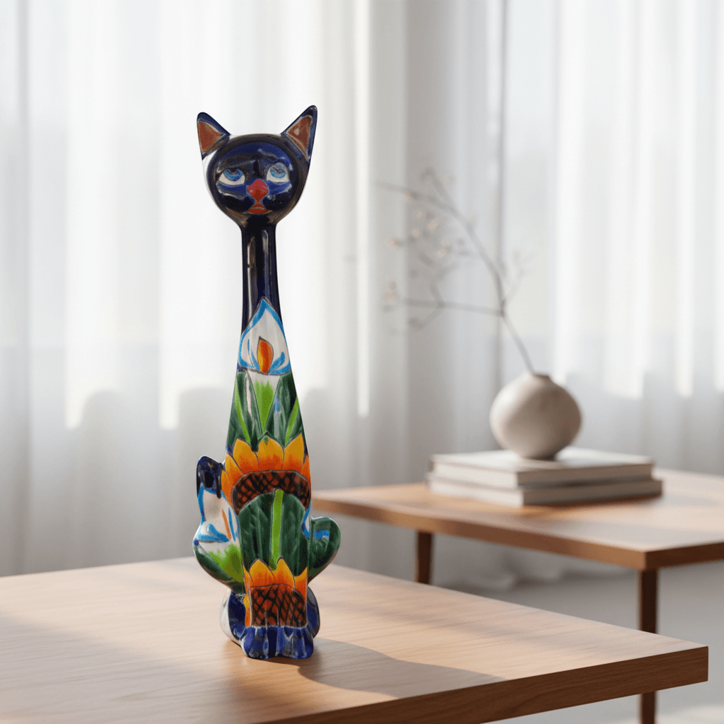 Tall Talavera Cat Statue | Handmade Mexican Sunflower Decor