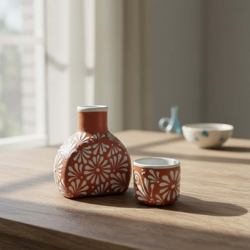 Terracotta Water Carafe Set | Hand-Painted Talavera-Style Bedside Decanter