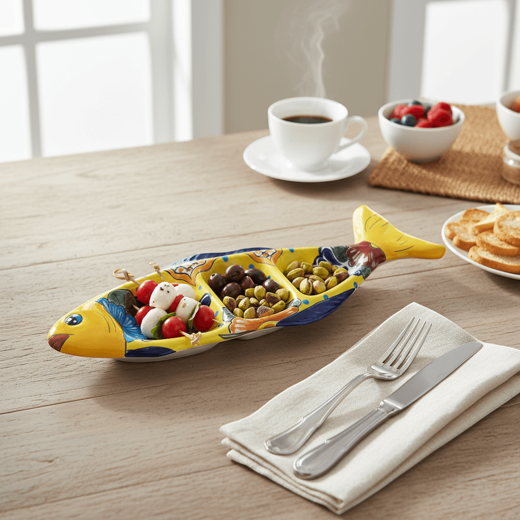 Handmade Talavera Fish Sectional | Large Colorful Serving Tray