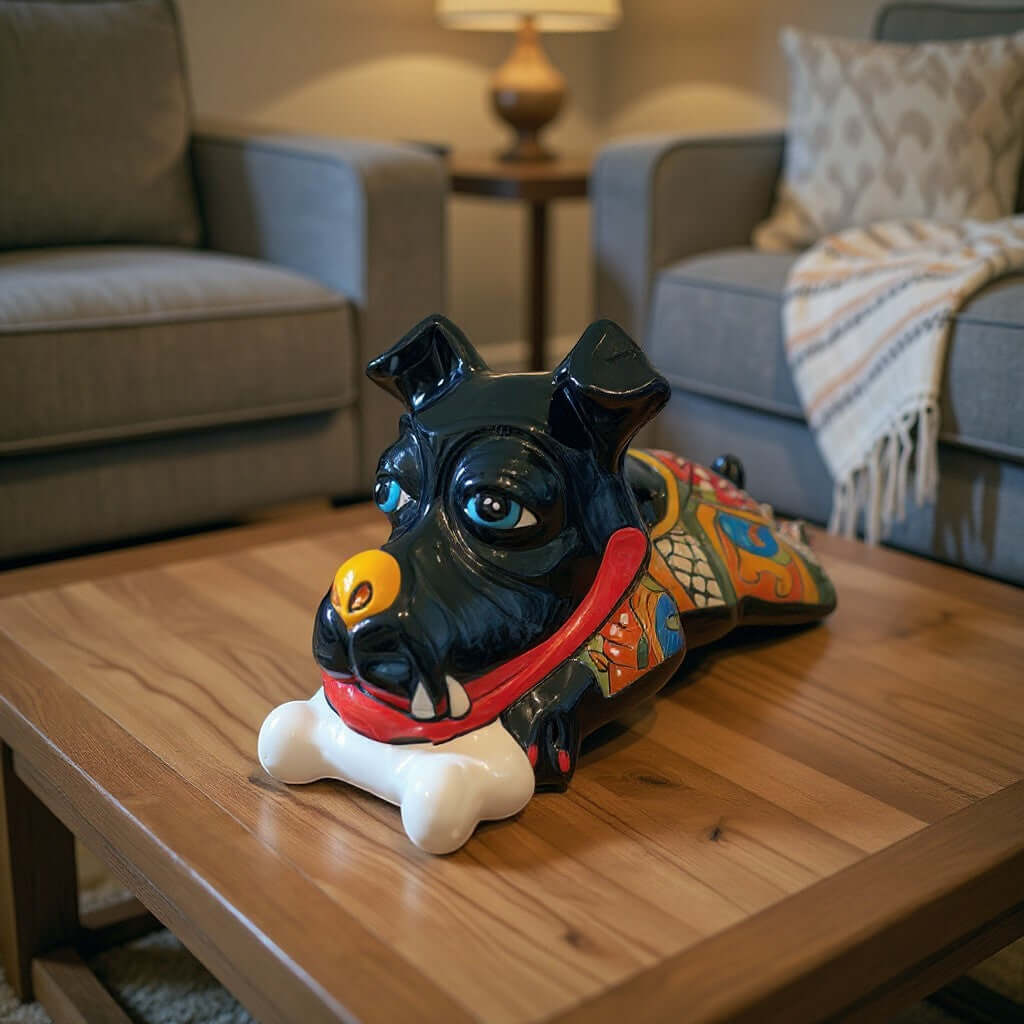 Handpainted Talavera Ceramic Large Laying Dog Decor with Bone