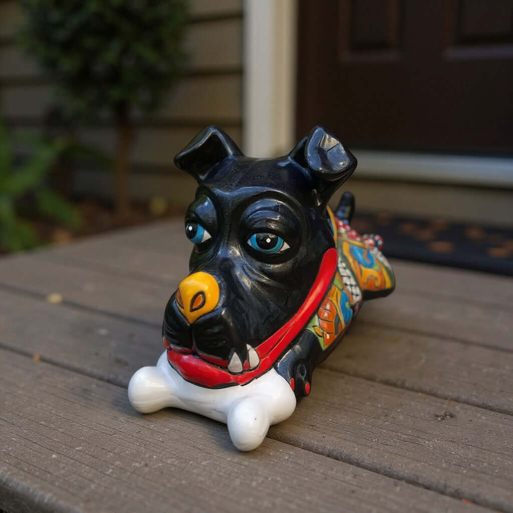 Handpainted Talavera Ceramic Large Laying Dog Decor with Bone