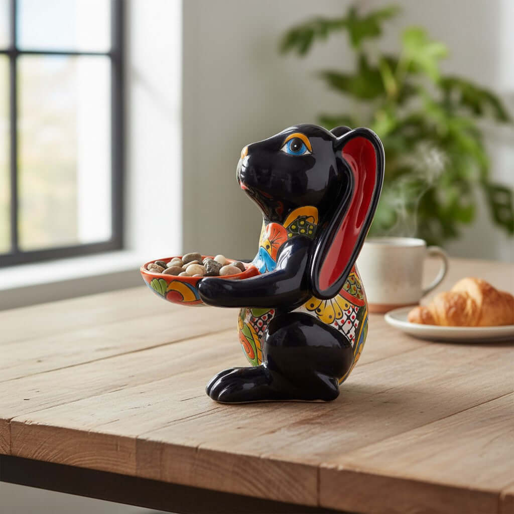 Vibrant Handcrafted Talavera Bunny Statue | Mexican Folk Art Feeder
