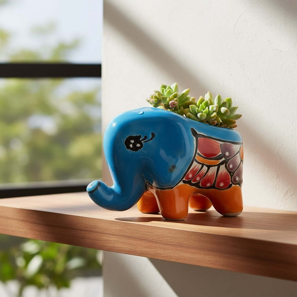 Talavera Elephant Planter | Colorful Hand-Painted Ceramic Animal Pot