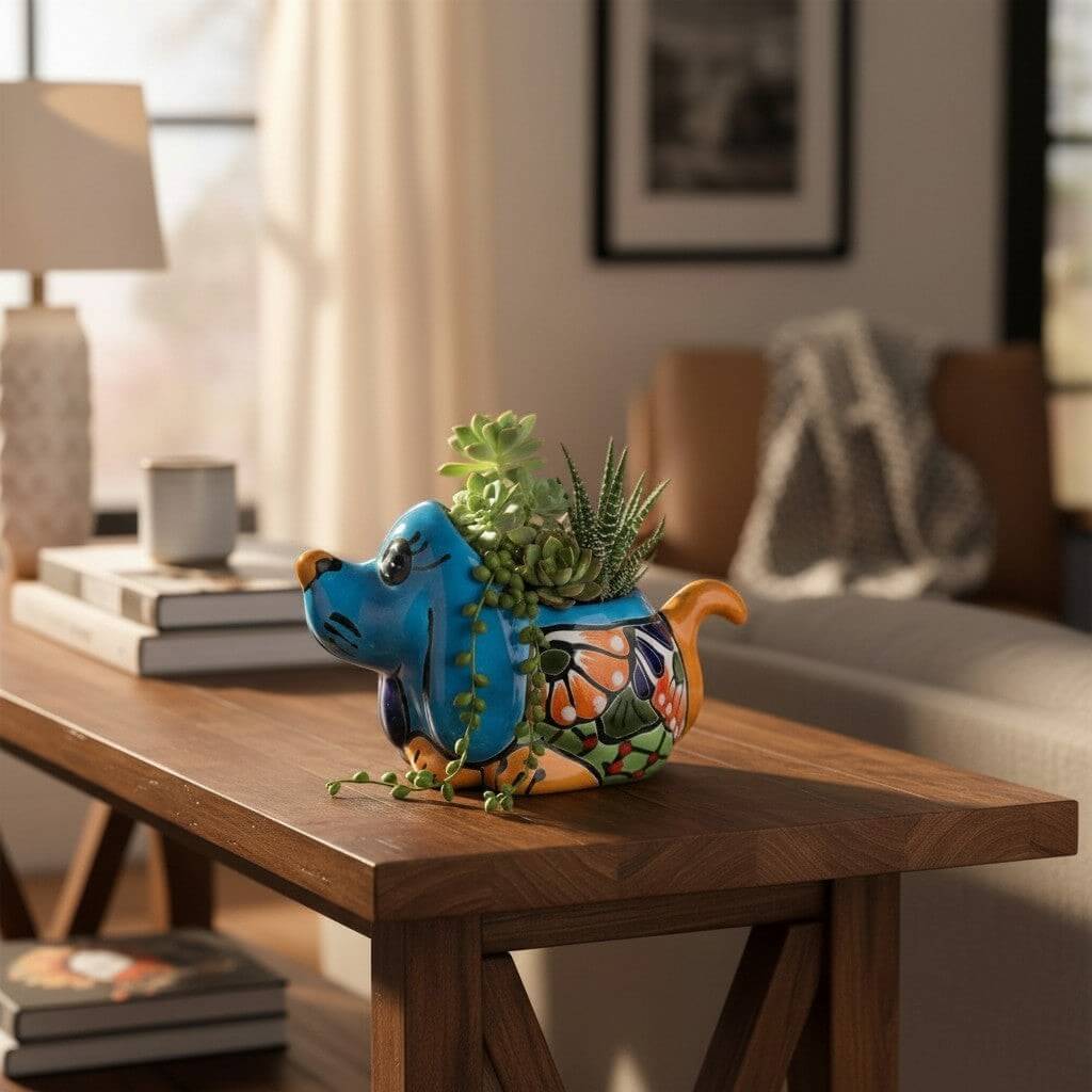 Vibrant Hand-Painted Talavera Dog Planter | Small Mexican Animal Pottery