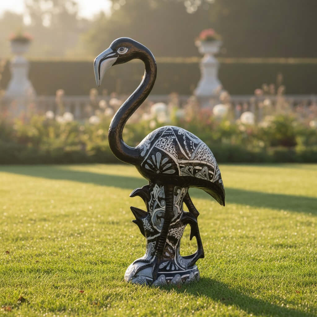 Blue & White Talavera Flamingo Statue | Hand-Painted Bird Pottery