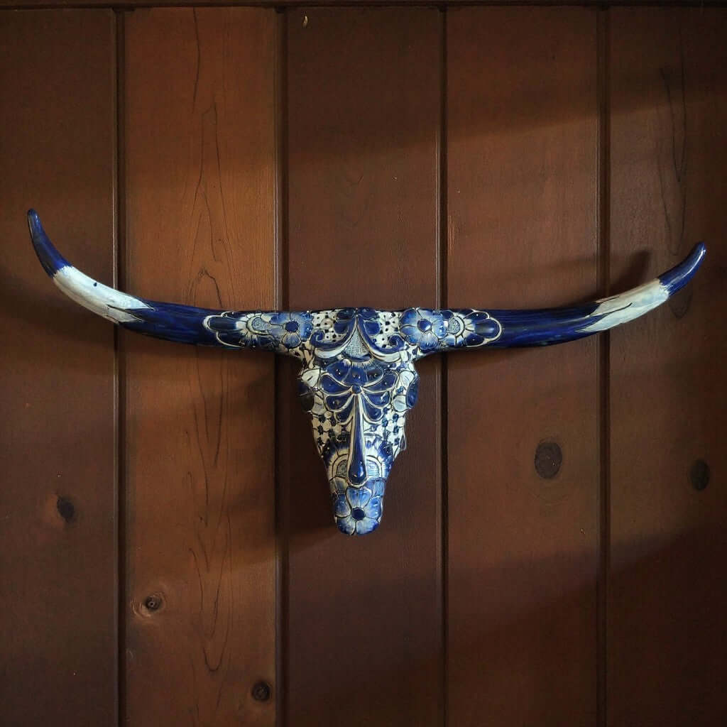 Talavera Longhorn Skull | Blue & White Mexican Wall Art