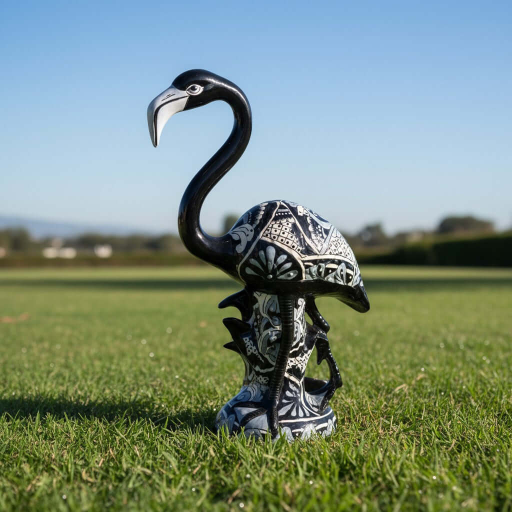 Blue & White Talavera Flamingo Statue | Hand-Painted Bird Pottery