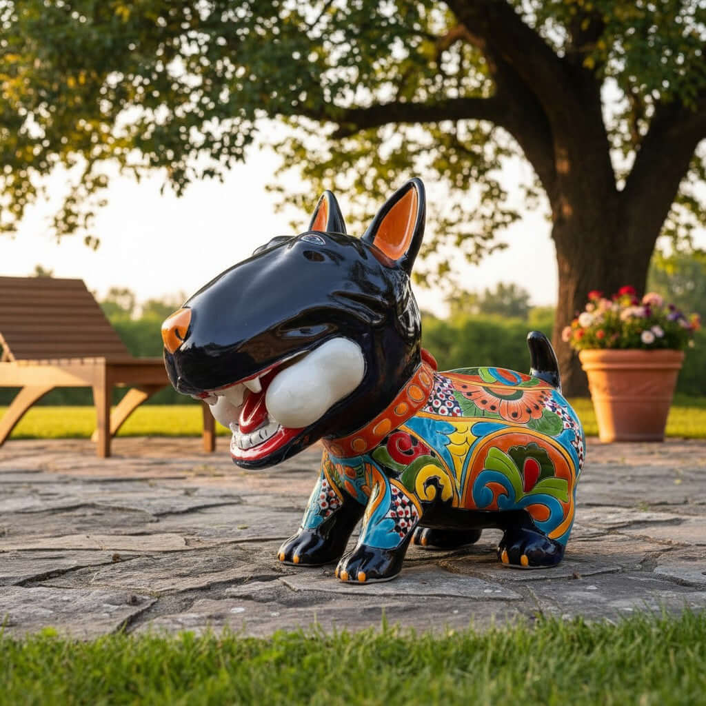 Talavera Bull Terrier Decor | Hand-painted Ceramic Dog with Bone (Extra Large)