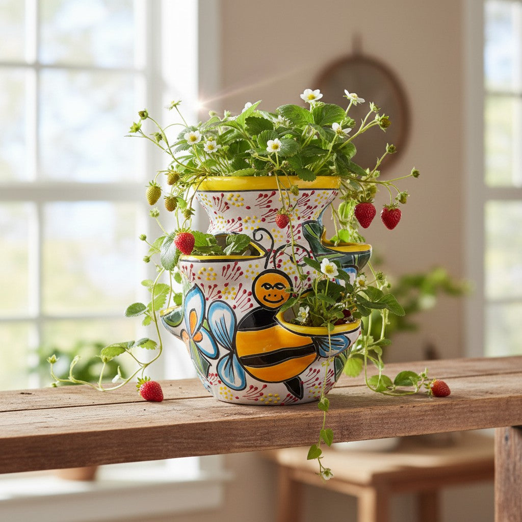 Handcrafted Talavera Strawberry Pot | Bumble Bee Garden Planter