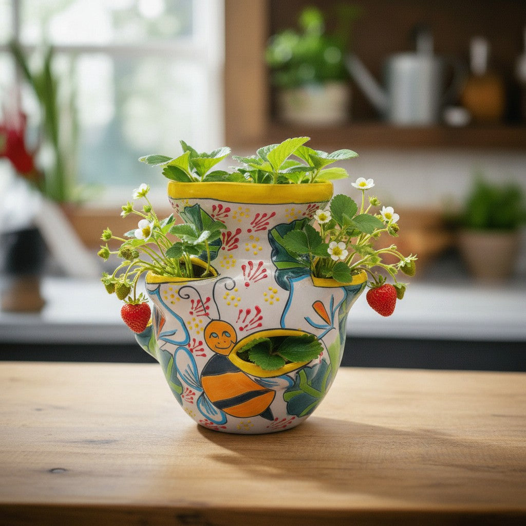 Handcrafted Talavera Strawberry Pot | Bumble Bee Garden Planter