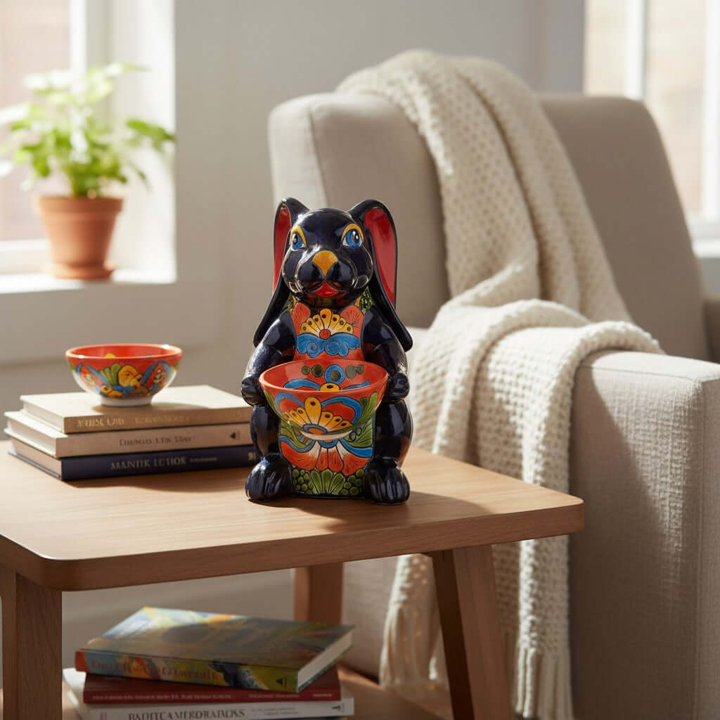 Vibrant Handcrafted Talavera Bunny Statue | Mexican Folk Art Feeder