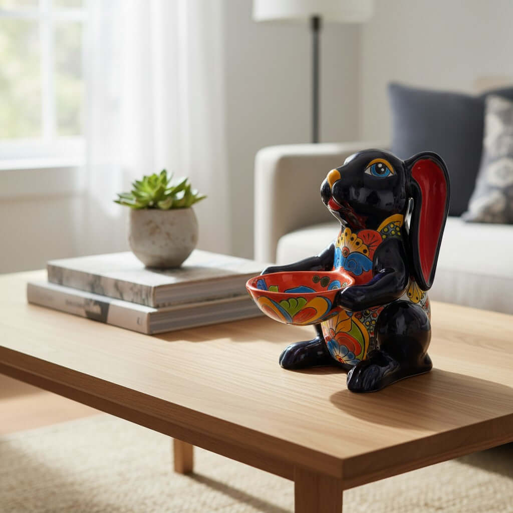Vibrant Handcrafted Talavera Bunny Statue | Mexican Folk Art Feeder