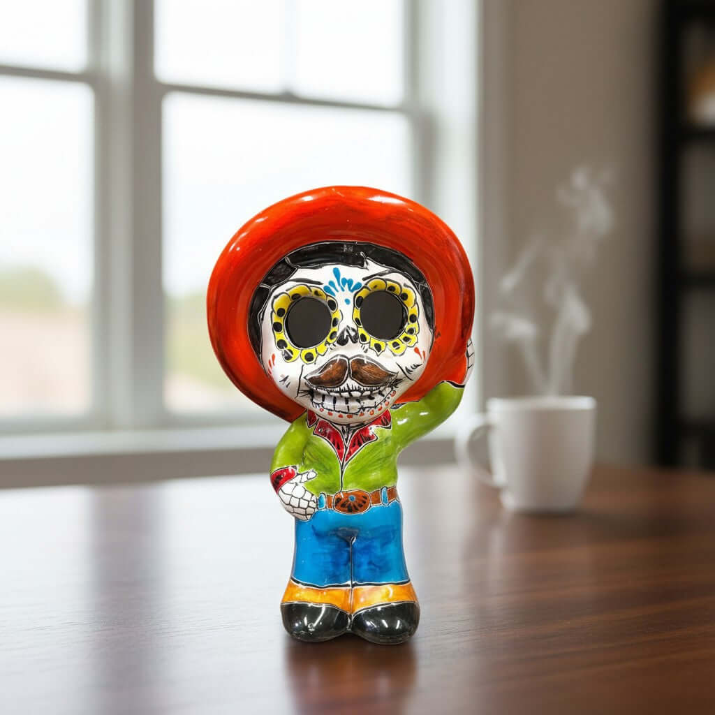 Talavera Skeleton Statue | Day of the Dead Figurine with Sombrero