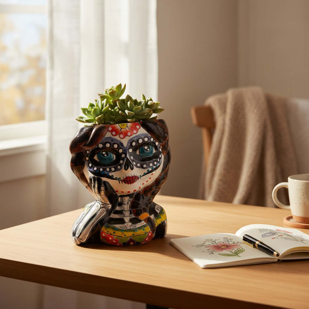 Talavera Skull Girl Planter | Hand-Painted Day of the Dead Pot