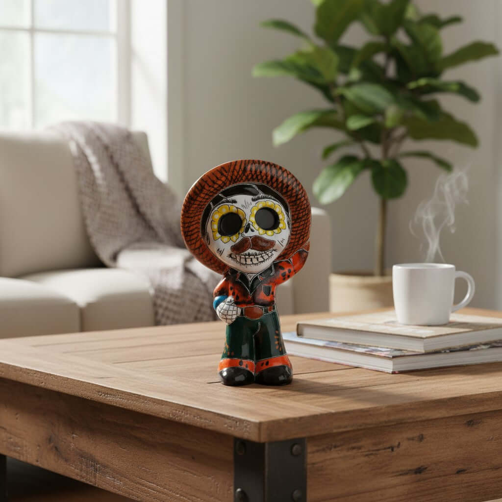 Talavera Skeleton Statue | Day of the Dead Figurine with Sombrero