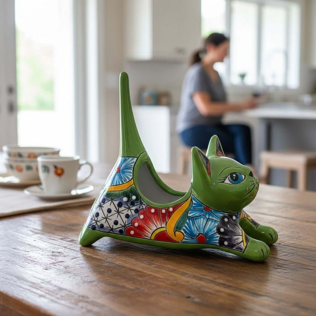 Talavera Cat Planter | Colorful Handcrafted Stretching Animal Pot