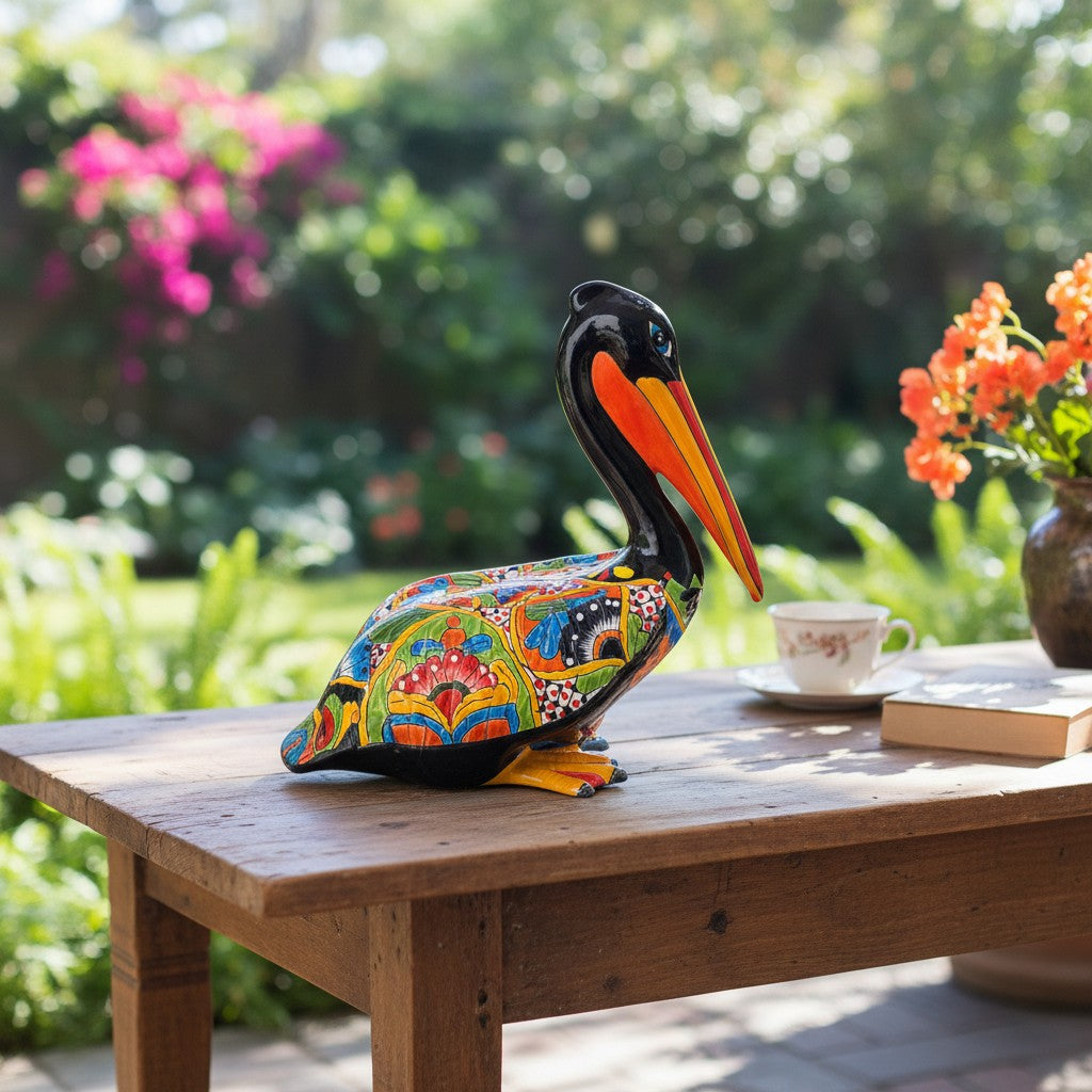 Talavera Pelican Statue | Hand-Painted Mexican Ceramic Decor
