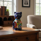 Hand-Painted Talavera Cat Statue | Medium Mexican Folk Art