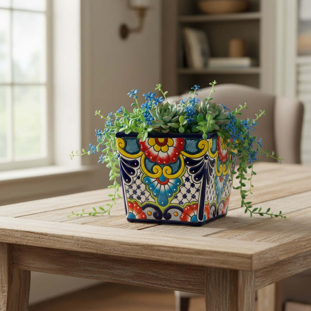 Set of 3 Hand-Painted Talavera Square Planters Set | Colorful Floral Pots