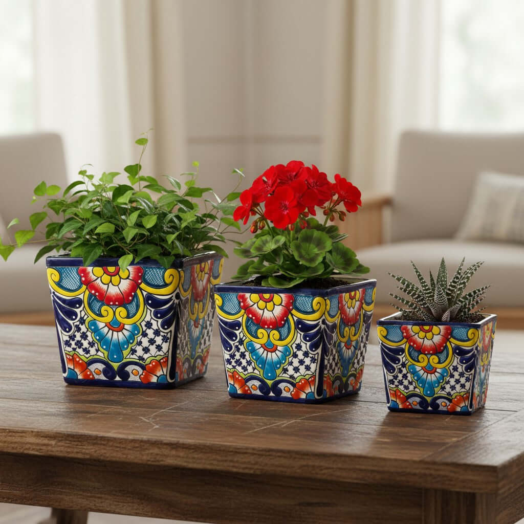 Set of 3 Hand-Painted Talavera Square Planters Set | Colorful Floral Pots