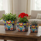 Set of 3 Hand-Painted Talavera Square Planters Set | Colorful Floral Pots