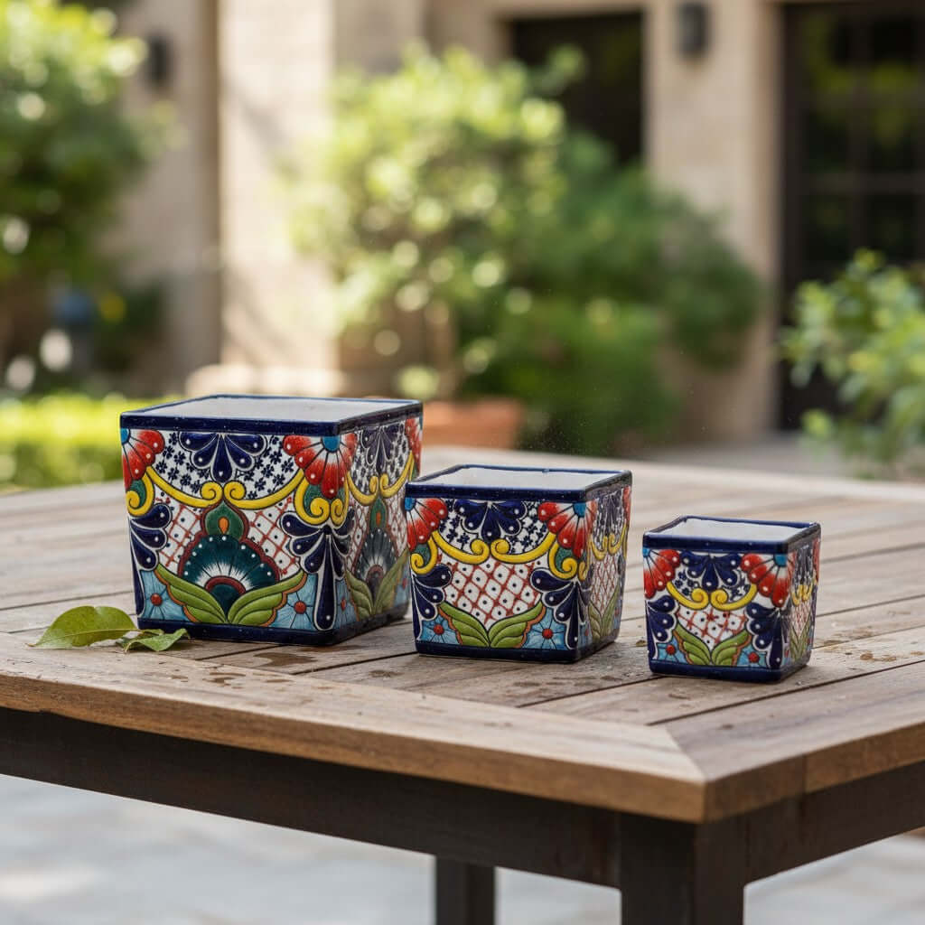 Set of 3 Hand-Painted Talavera Square Planters Set | Colorful Floral Pots