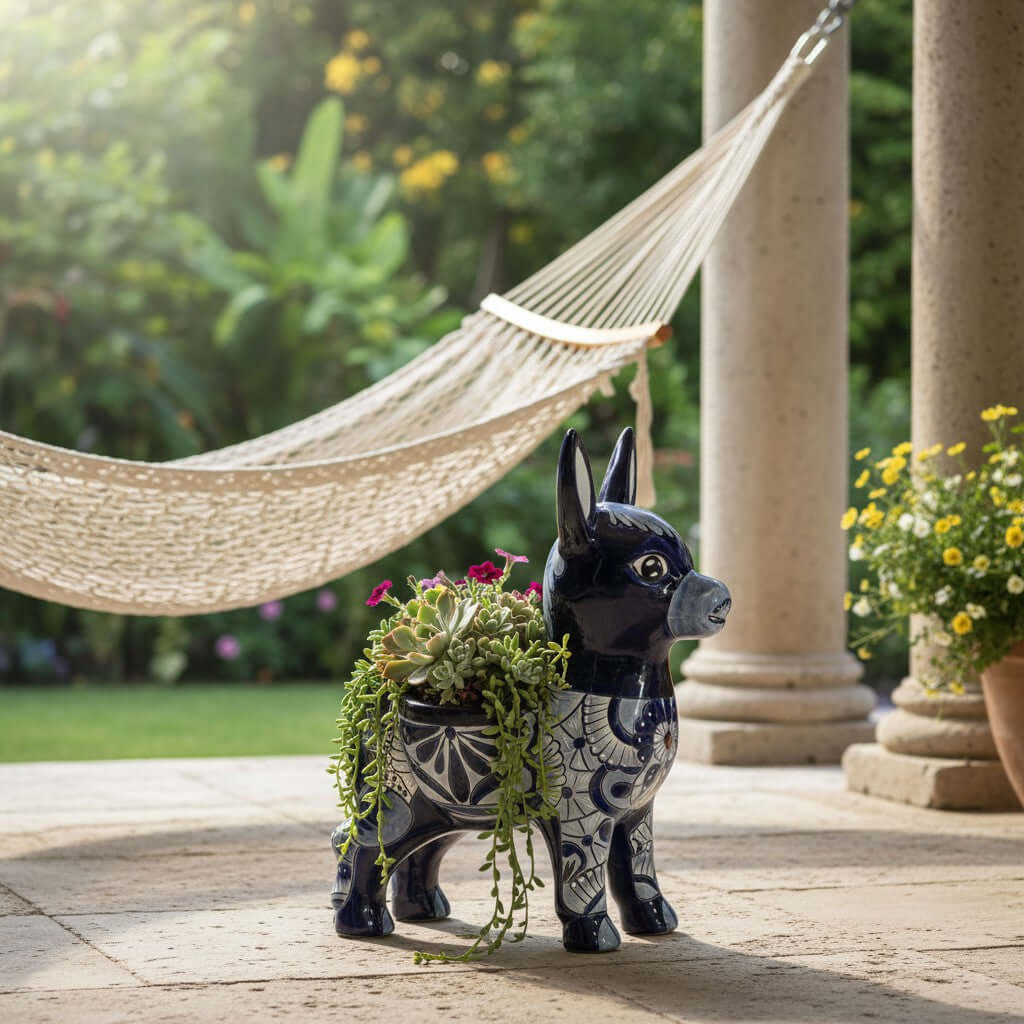 Large Talavera Donkey Planter | Blue and White Ceramic Burro Pot
