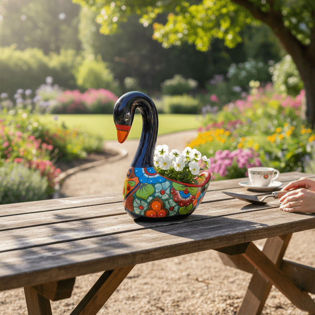 Large Talavera Swan Planter | Colorful Hand-Painted Mexican Pottery