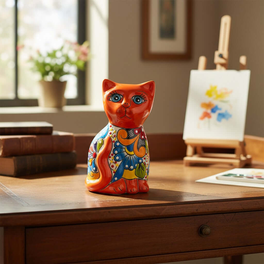 Hand-Painted Talavera Cat Statue | Medium Mexican Folk Art