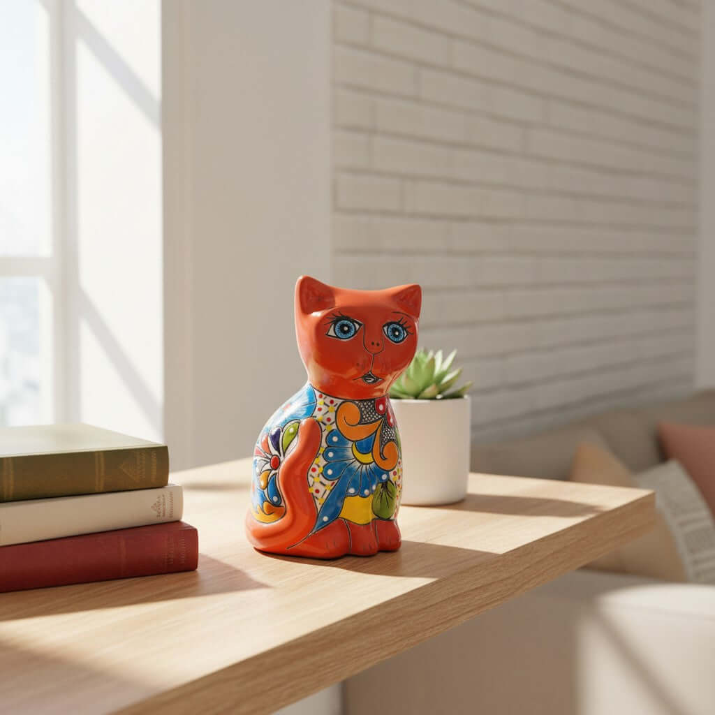 Hand-Painted Talavera Cat Statue | Medium Mexican Folk Art