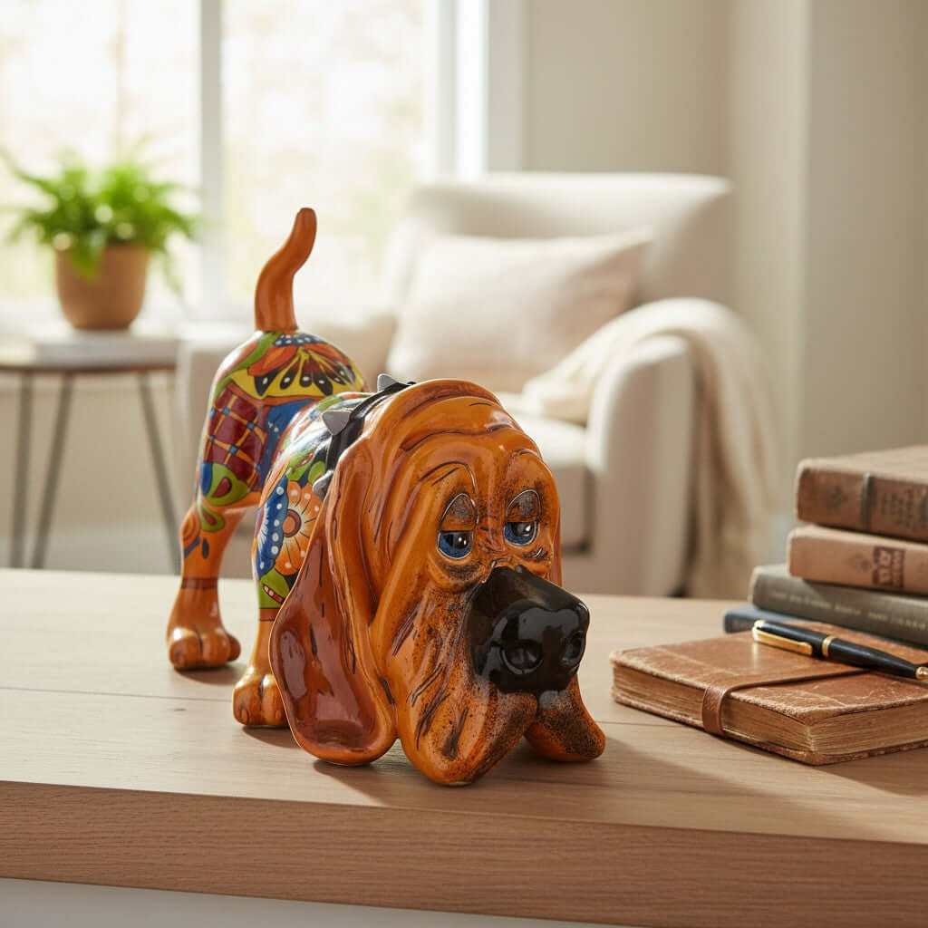Colorful Talavera Hound Dog Statue | Handcrafted Mexican Dog Art (Medium Size)